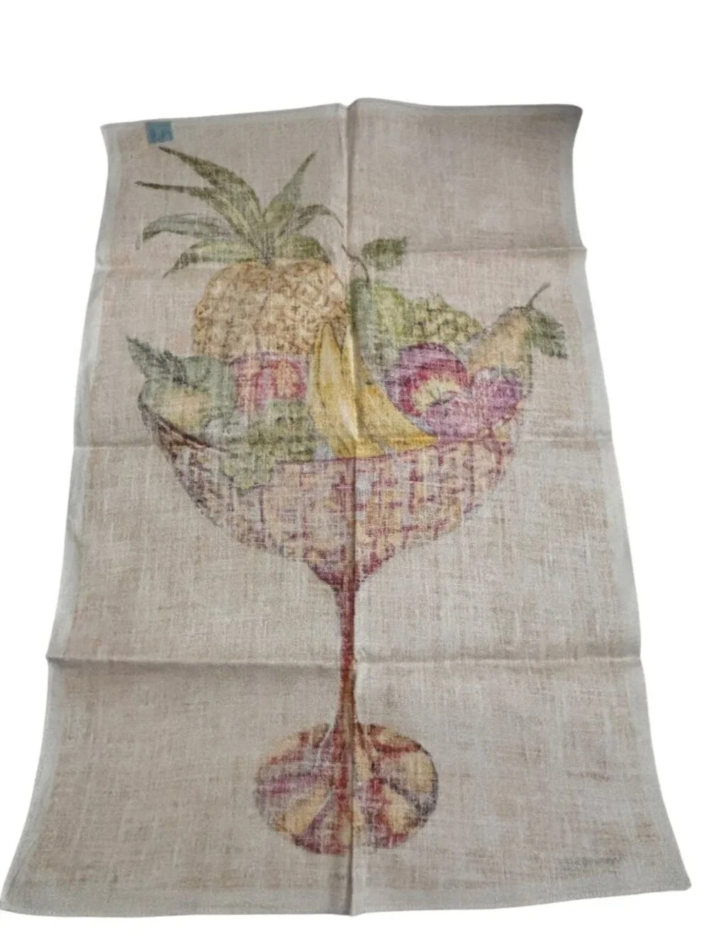 Vintage Handprinted All Linen Tea Towel With Fruit Bowl Design Fast Colours Made